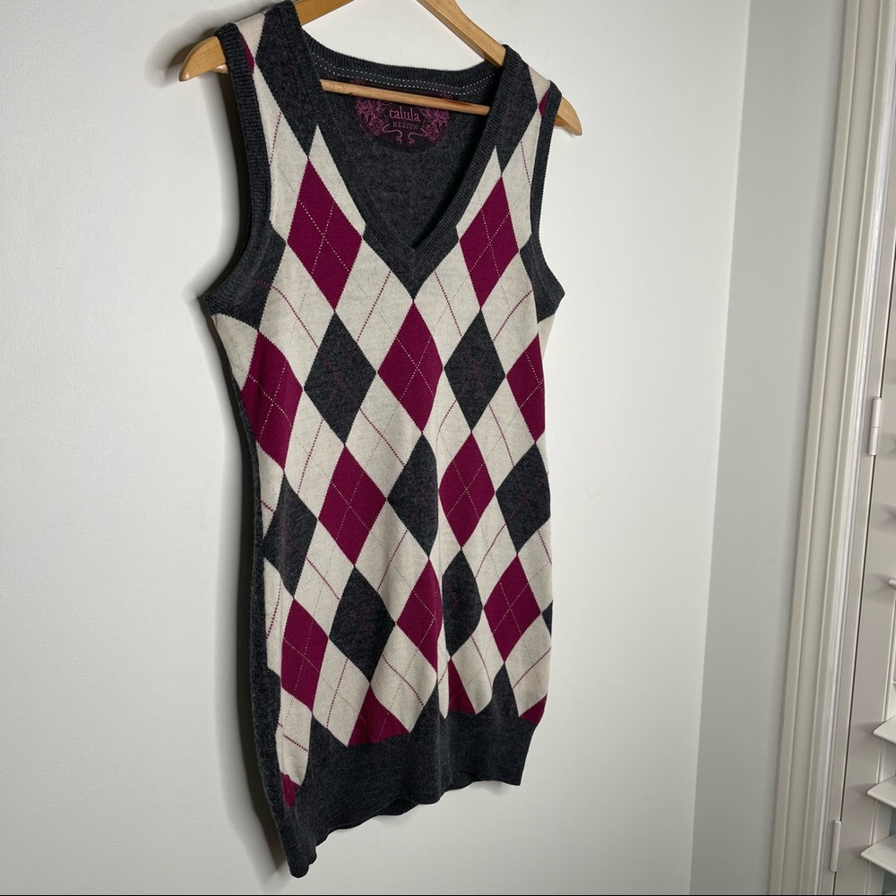 Talula Argyle Long Line Sweater Vest Grey, Cream, Purple Size Medium - Picture 3 of 6